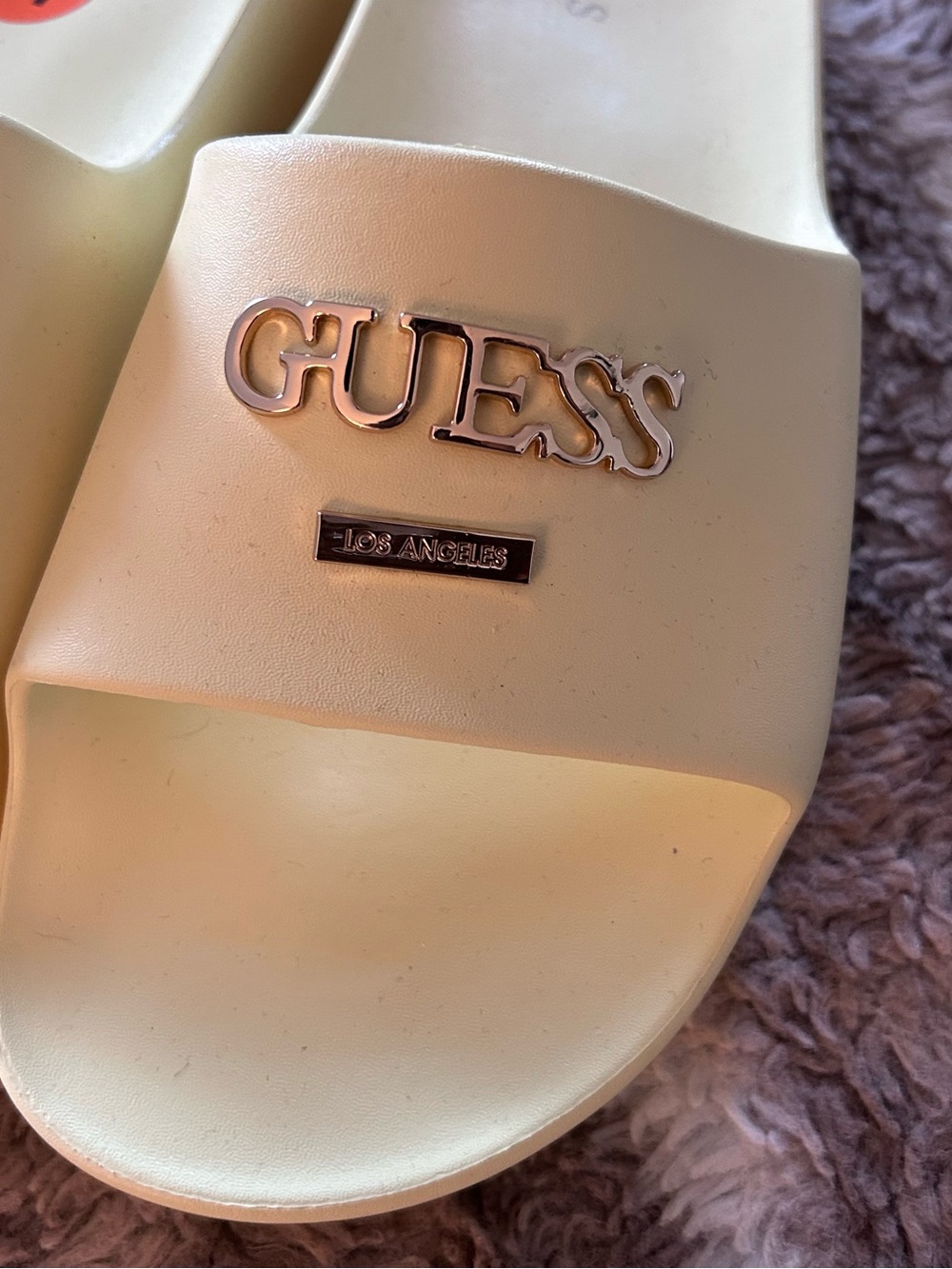 GUESS Cream Slide Sandals with Gold Logo Accents - Picture 2 of 5